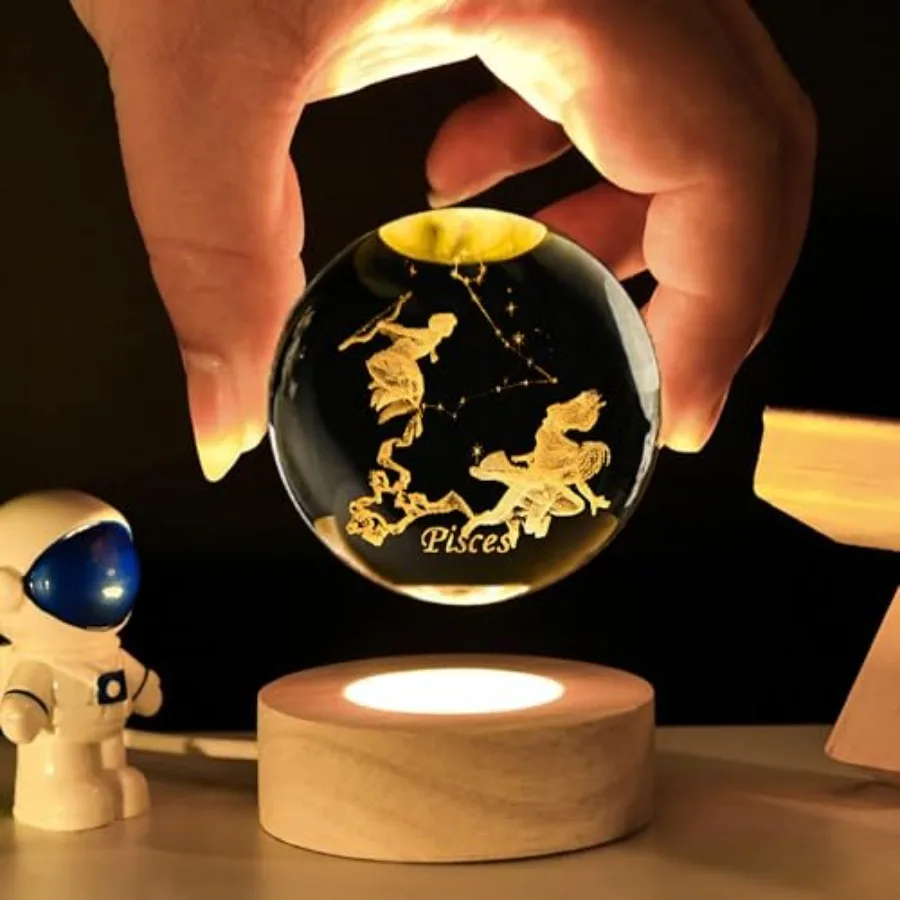 3D Laser Etched Crystal Ball with LED Light Stand, Constellation Decor Glass Sphere Lamp, Zodiac Astrology Birthday Gifts for W