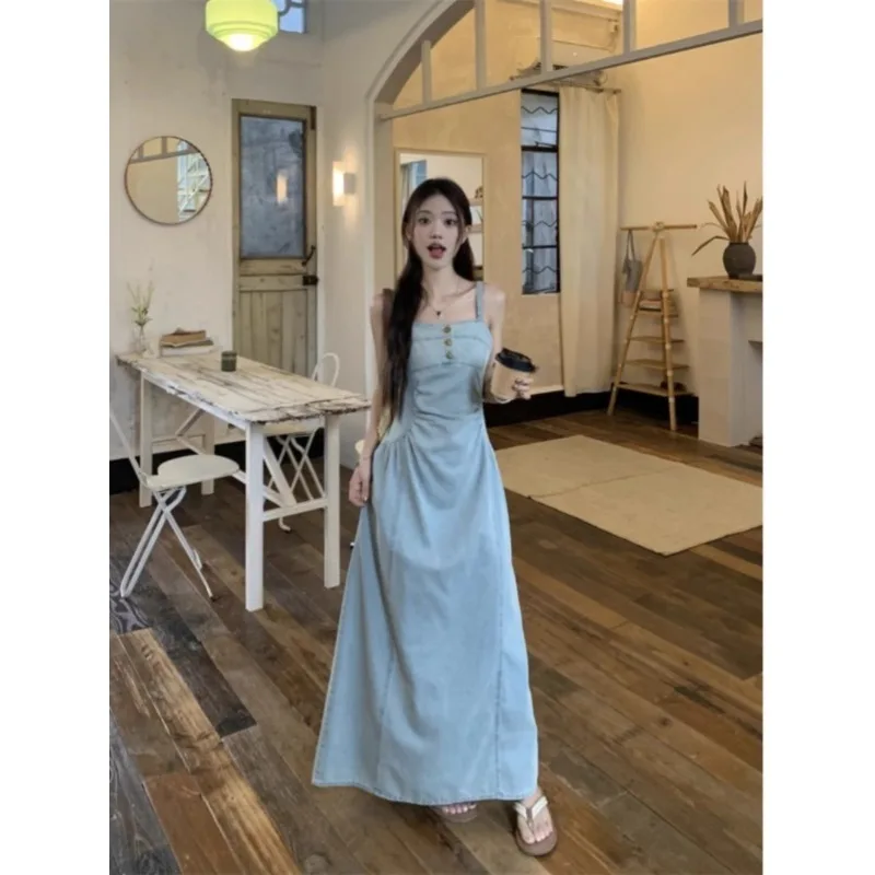 

Retro Denim Camisole Dress, Women's New Fashionable Pleated Waist Cinched A-line Long Skirt