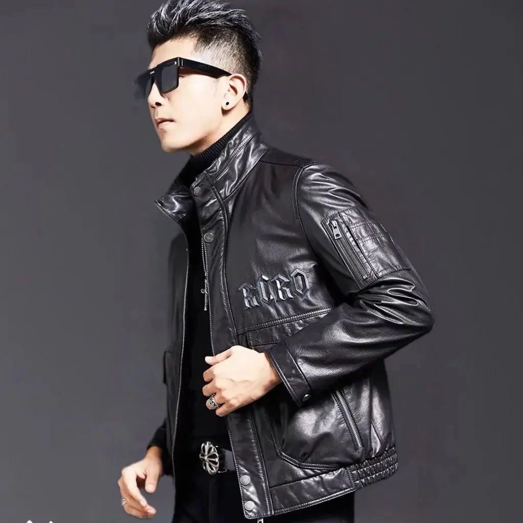 Men's Genuine Leather Jacket Biker Motorcycle Wear Short Standing Collar Oil Wax Men Sheepskin Man Coat