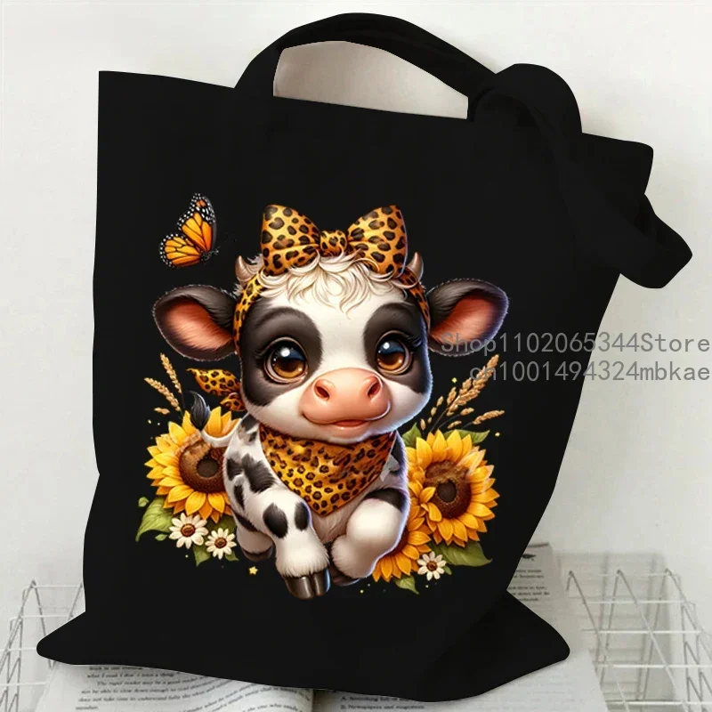 Canvas Tote Bag Cow Leopard Bow Pattern Women Handbags Dairy Cattle Sunflower Shoulder Tote Bag Cartoon Animal Teen Canvas Bags