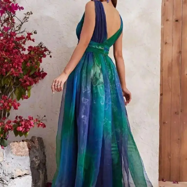 Summer New Women's Deep V Bal Printed Dr High Waist A-Line Long Skirt Svel Dyed tough Head Zipper Closure