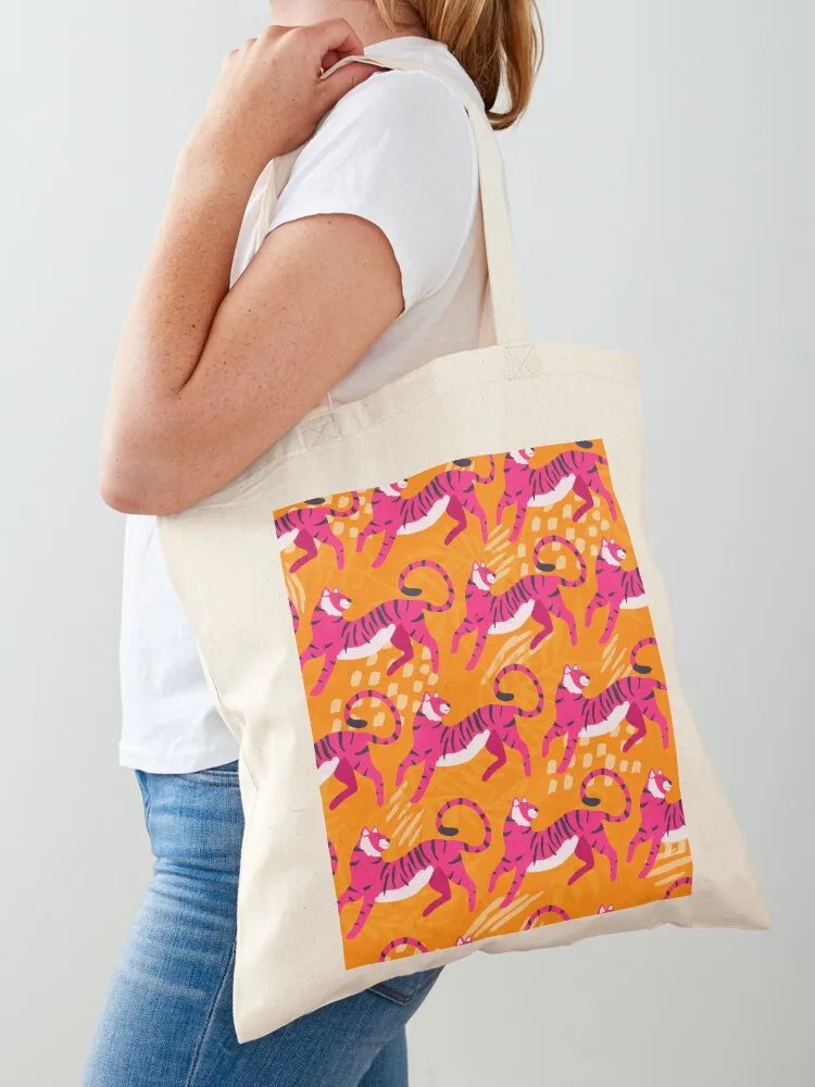 Bright Pink Tigers on Orange Pattern Tote Bag shopper bag woman canvas bags Canvas Tote Bag