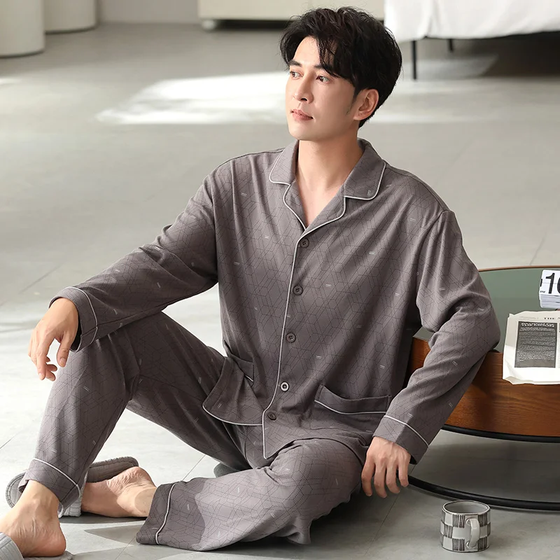 Plus Size M-4XL Men Pajamas Set 100% Cotton Turn-down Collar Sleepwear Male Autumn Pyjamas