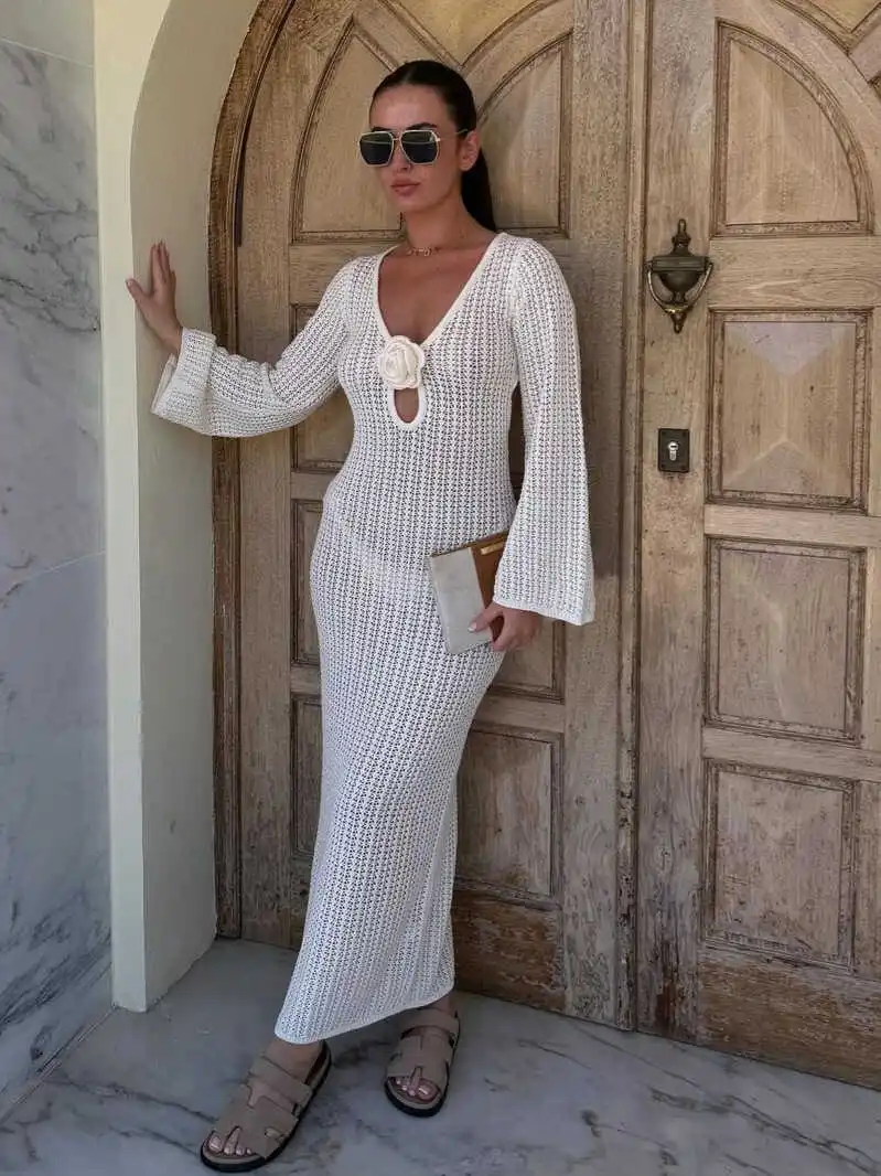 

Sexy Knitted Long Dr Bal V-Ne Beach Skirt Ele One-Piece Spring Summer Autumn Polyester Fabric Ladies Dr