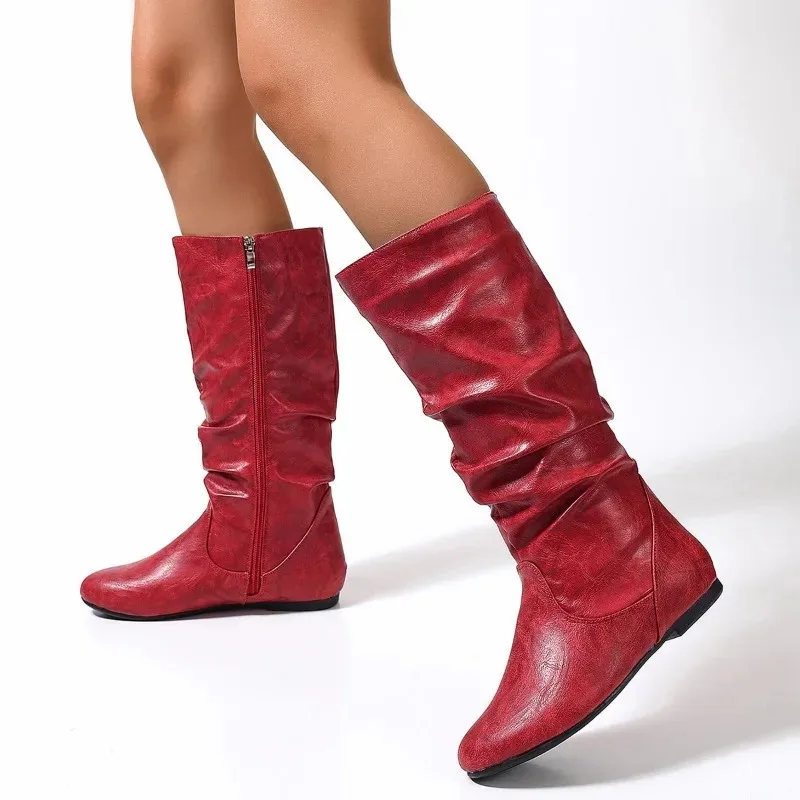 

Women's Flat Fashion Boots Fall New Round Toe Side Zipper Pleated Wear-Resistant Non-Knee Tall Boots