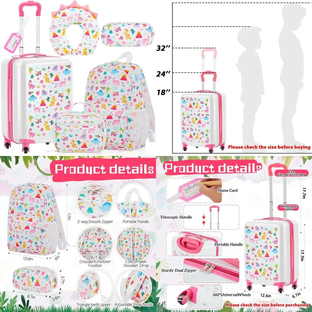 

Детский набор чемоданов на колесиках 17 дюймов с чемоданом с двойным рисунком для мальчиков и девочек, школьный подарок, бледно-розовый дизайн динозавра