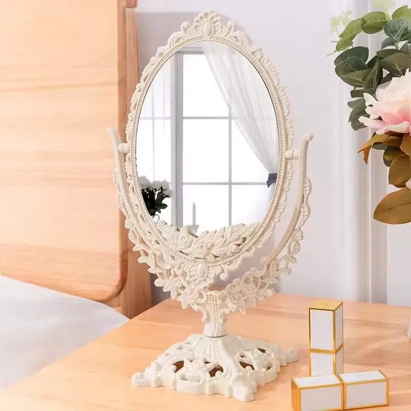 custom.Reversible Mirror Desktop Make-up  Mirror Rotating European Style Engraved Dressing Mirror Wheat Straw