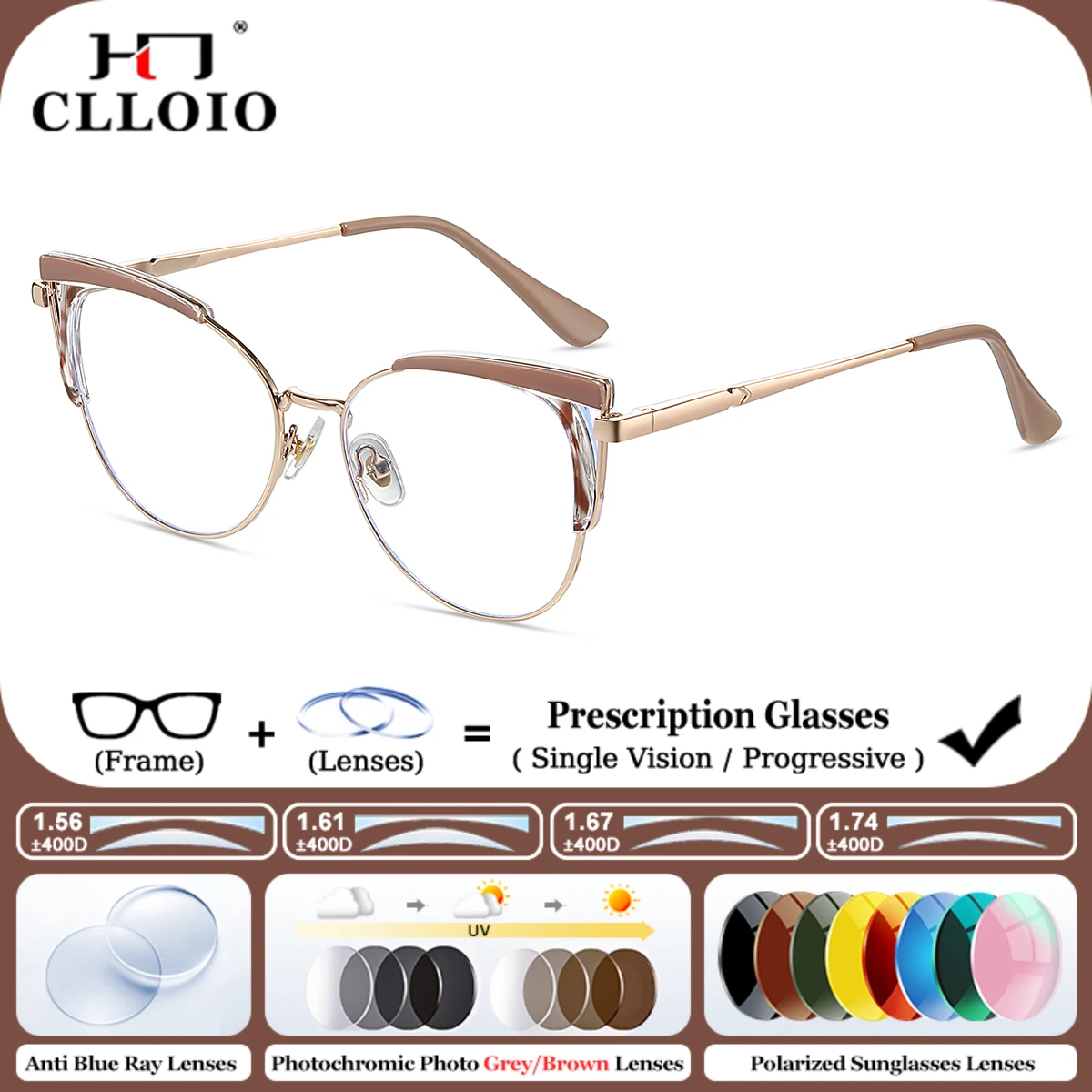 

CLLOIO Fashion Blue Light Blocking Progressive Prescription Glasses Women Cat Eye Optical Myopia Eyeware Photochromic Eyeglasses