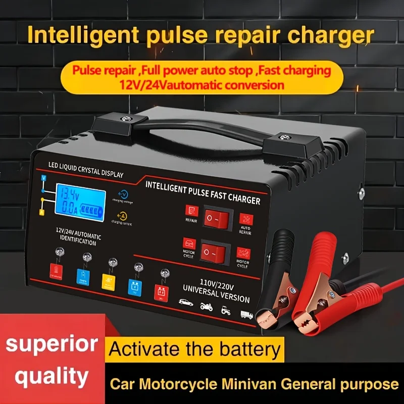 

Universal Battery Charger for 12V And 24V with an LCD Screen, Featuring Smart Repair, Temperature Compensation, And Protection Against Overcharging And Short Circuits. Ideal for Maintaining Batteries in Cars, Suvs, Trucks, Yachts, And Motorcycles