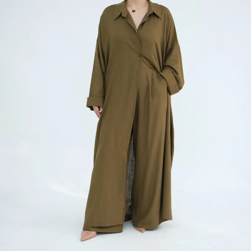 

Muslim Sets Ramadan Two Piece Linen for Women Elegant Dubai Modest Clothing Islamic Femme Travel Outfit Fashion Turkey Suit 2025