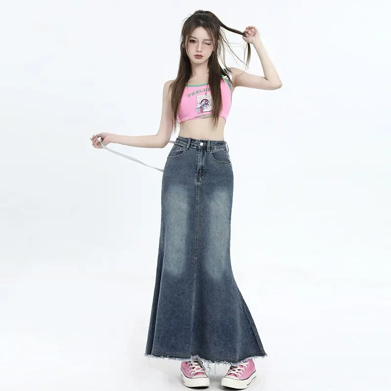 

Long Denim Skirts for Women High Waist Autumn Blue Slim Jean Fishtail Skirt Korean Fashion Skinny Solid Elastic New Skirt Women