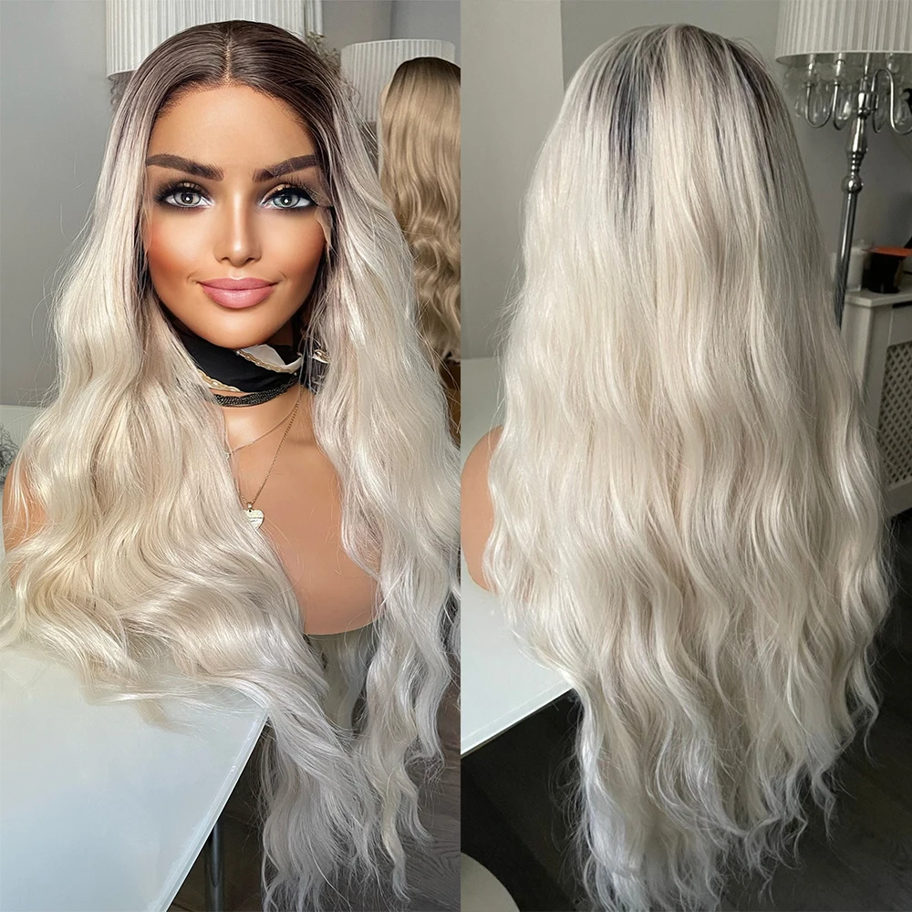 Ice Blonde 13x3 Lace Front Wig Heat Friendly Synthetic White Lace Wig With Dark Roots Free Style Rooted Blonde Wavy Wigs 150%