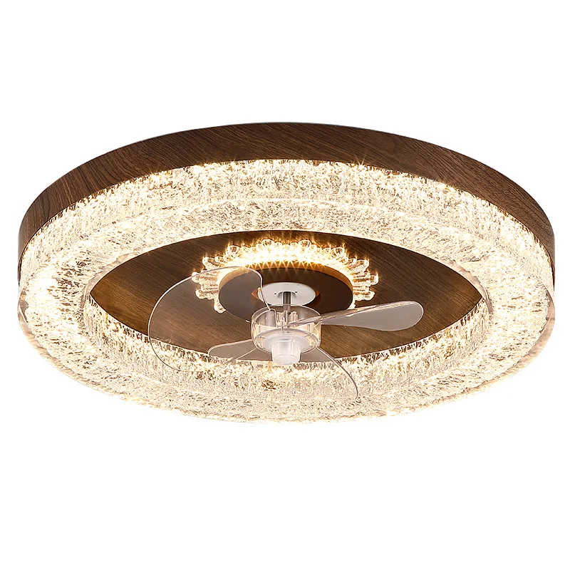 

Italian light luxury bedroom fan light medium antique walnut ice crystal resin round silent electric fan integrated ceiling
