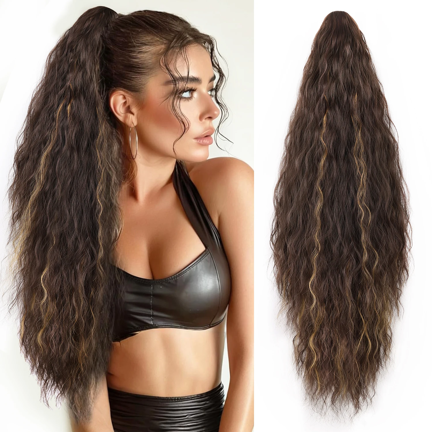 

Синтетический накладной хвост-шиньон на заколке, длинный волнистый пышный накладной хвост для женщин и девушек, легко носить, мгновенный объем