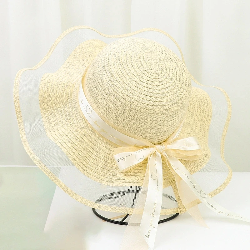 Love ribbon mesh brim straw hat