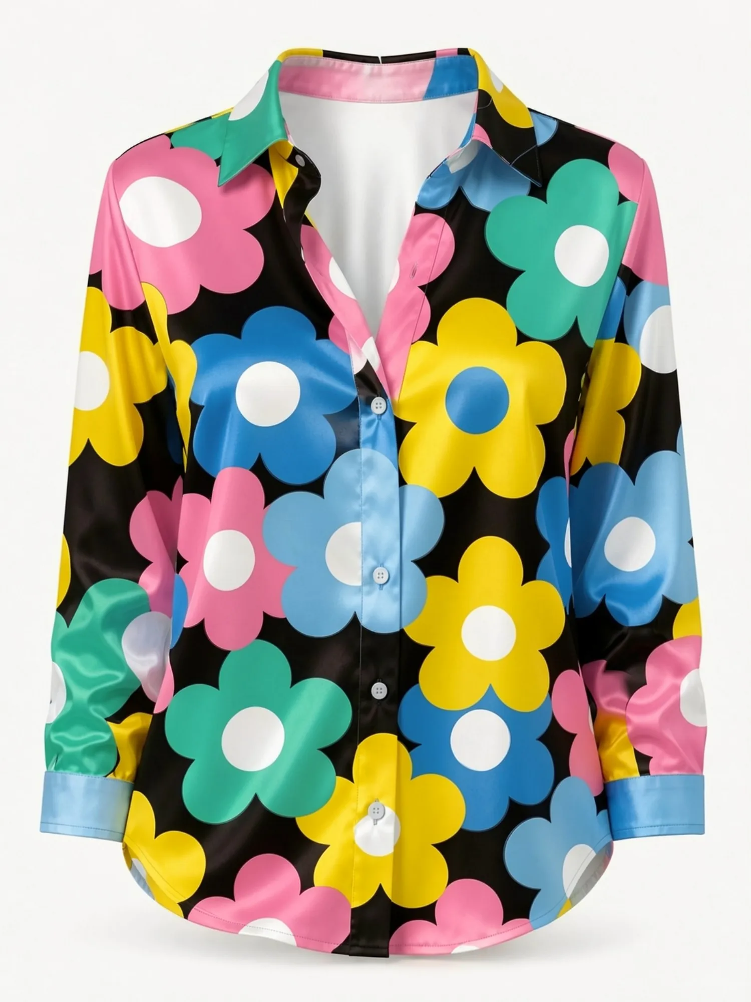 Black Multicolor Floral Satin Blouse for Women Long Sleeve Button Down Shirt Boutique Casual Party Elegant Silky Fashion Top Lux