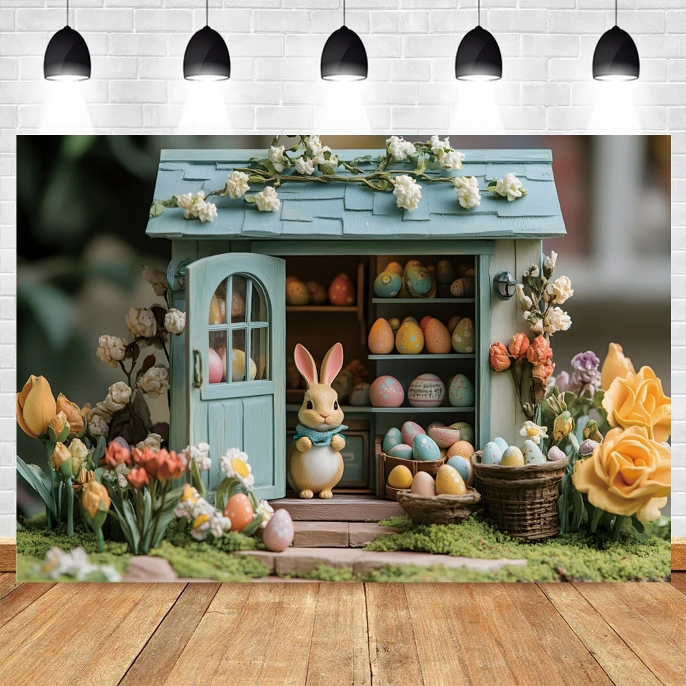 Spring Easter Backdrop for Photography Spring Flower Easter Rabbit Colorful Eggs Wooden Door Backdrop Photoshoot Studio Props