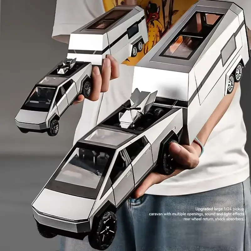 for Cyber Truck Pickup Diecast Metal Alloy Model Off Road Vehicle with Trailer RV Ornament Collection Gift for Men