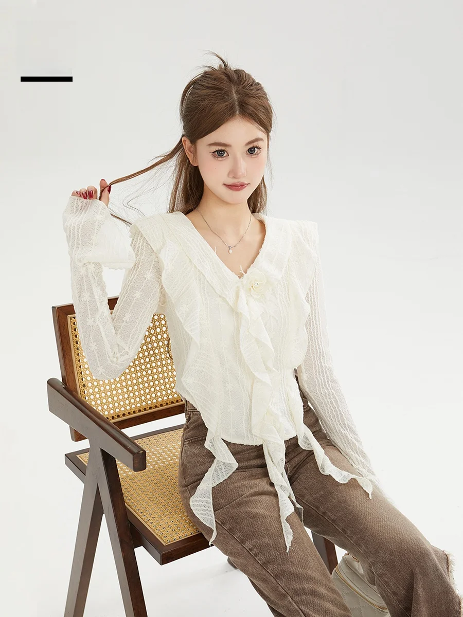 

Женская приталенная рубашка P&X Rose Story с длинным рукавом, V-образным вырезом и кружевной отделкой, французский стиль, рукава-колокол, 100% полиэстер, укороченная, чистый хлопок