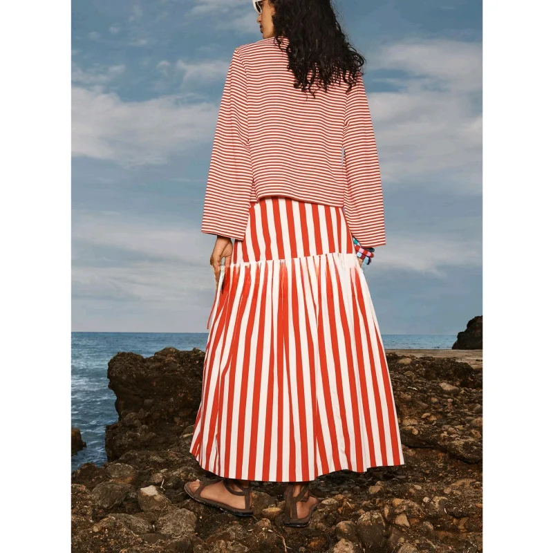 夏の新作 レディース シンプル プリーツ ノット ストライプ ミディスカート スタンドフィット ロング Aラインスカート ポリエステル繊維 00%