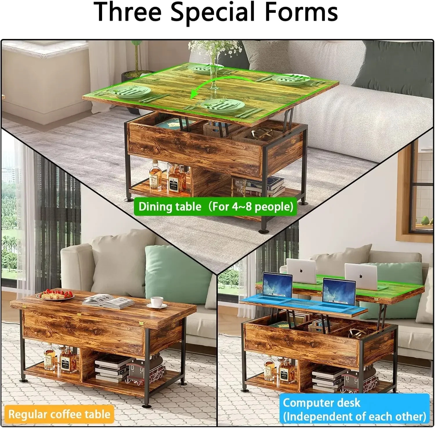 Lift Top Coffee Table,4 in 1 Multi-Function,Modern Lift Tabletop Dining Table for Living Room Reception/Home Office,Rustic Brown