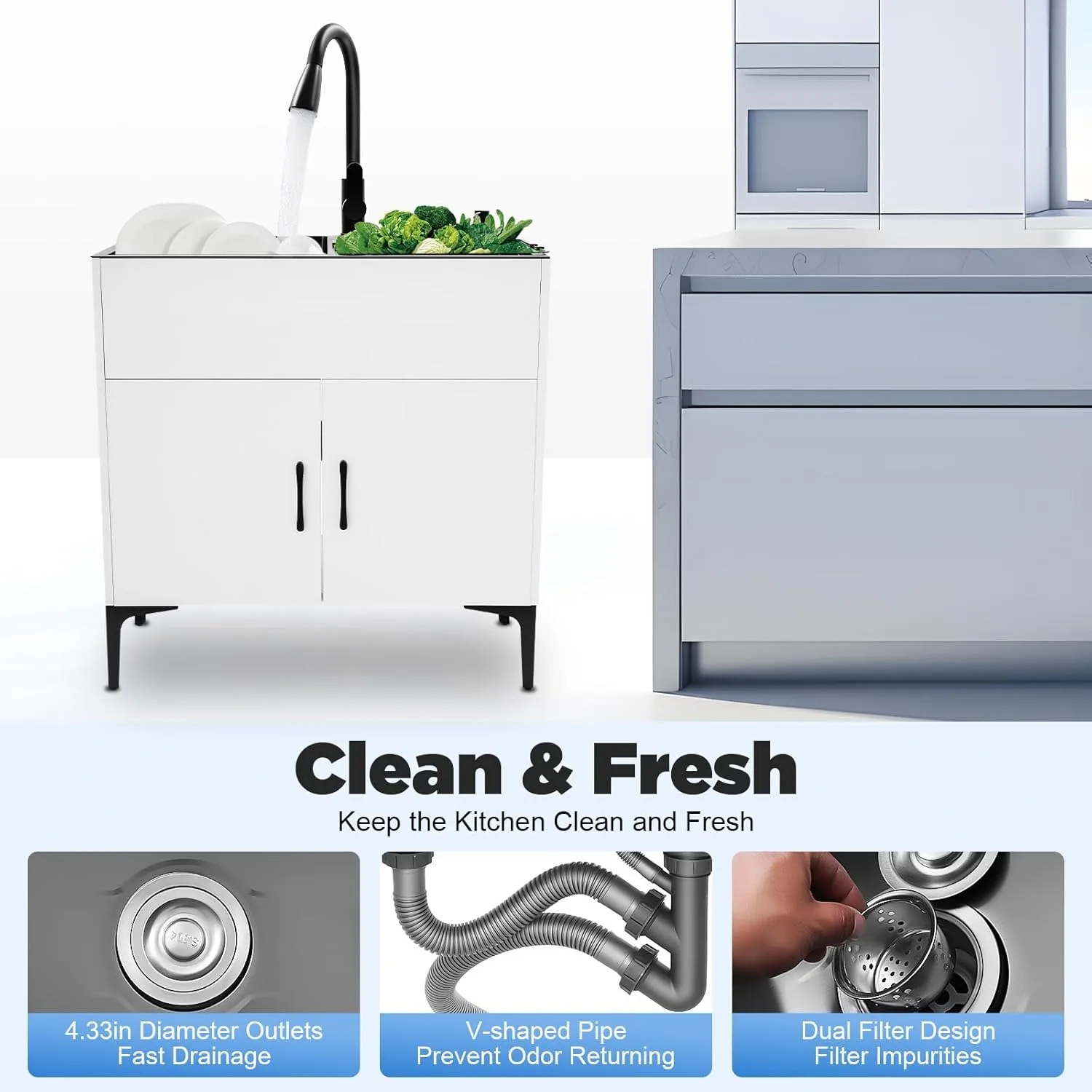 Lavandino da 30 pollici con mobiletto e rubinetto spruzzatore estraibile, lavello multiuso in acciaio inossidabile con doppia vasca, dispenser di sapone