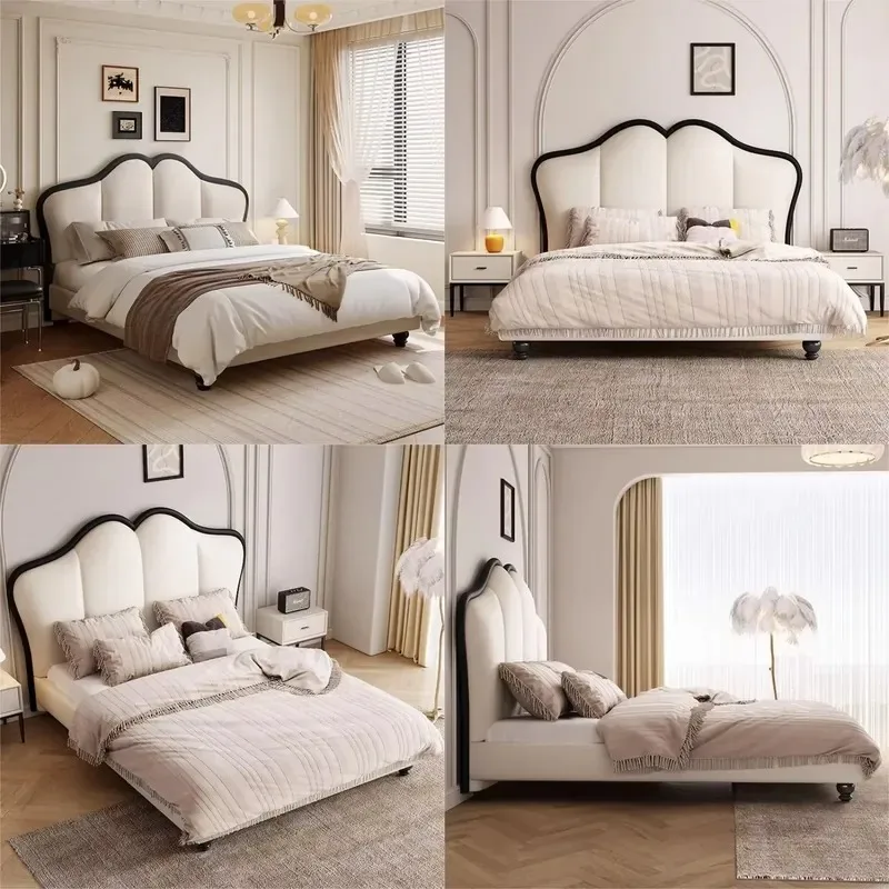 Modern Simple Solid Wood Fabric Queen Bed Set Bedroom Furniture Soft King Bed Frame