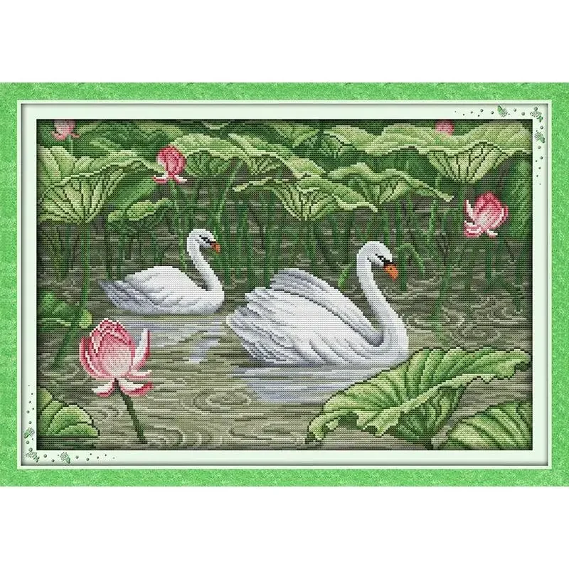 Joy Sunday News Printed Cross Stitch Kit ,  Easy Sewing Pattern for Beginner  Stamped Fabric Embroidery Set- Swans In Lotus Pond