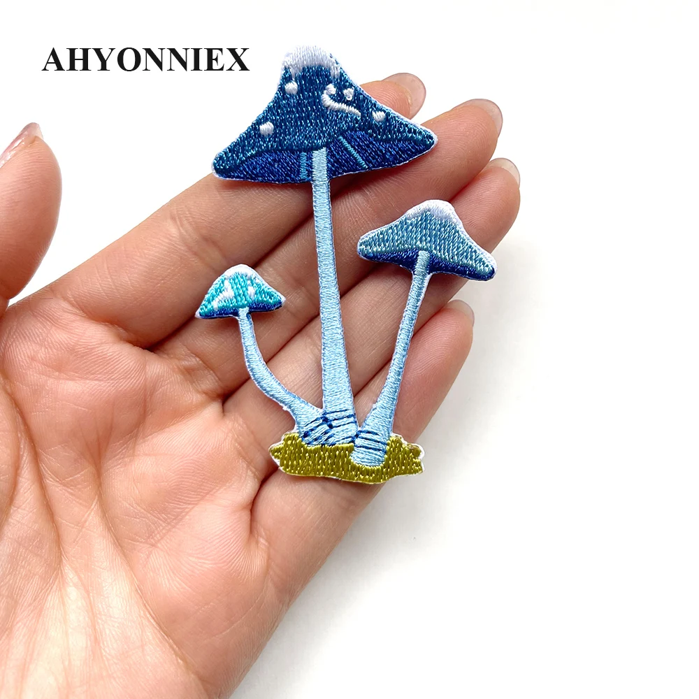 Delicate Blue Mushroom Patches Embroidered Sticker Iron On Patches for Clothes Applique DIY Clothing Accessories