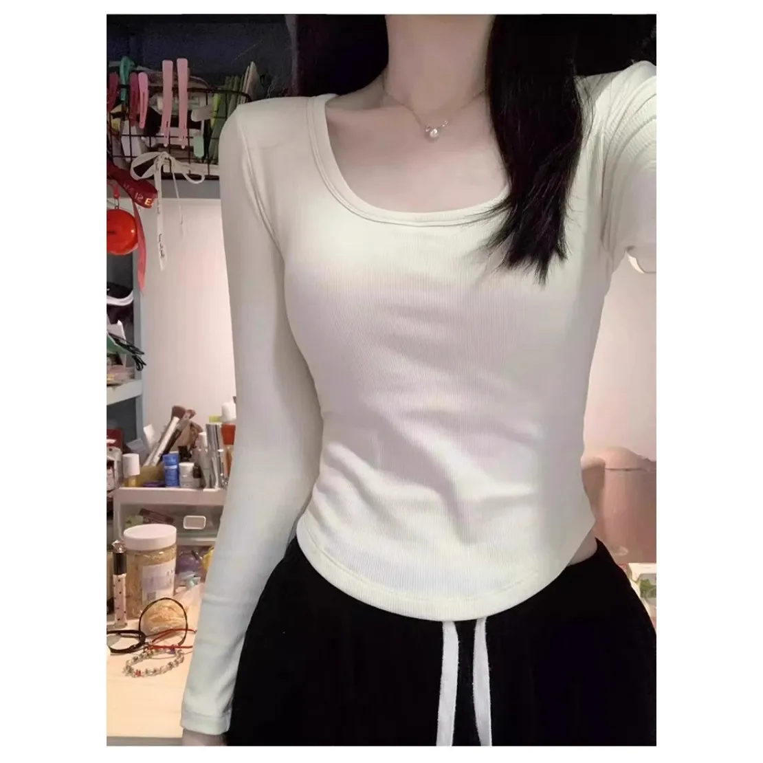 Slim Fit Short Sleeveless T-Shirt Women's Autumn Winter Pure Color Base Shirt Inner Wear Slimming Effect Square Collar Top