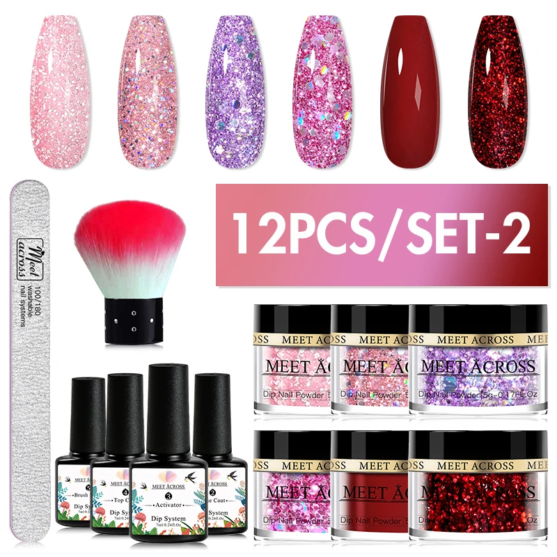 MEET ACROSS 8/12/16PCS Glitter Pink Nude Nail zestaw do zanurzania w proszku bez lampy Cure Decoration Pigment DIY żel francuski akrylowy zanurzenie