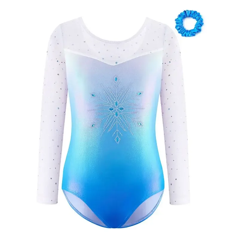 2PCS Set BodySuit +Headband Children's Ballet Gymnastics Leotard Dance Practice Clothes Girls Long Sleeve Diamond Pattern