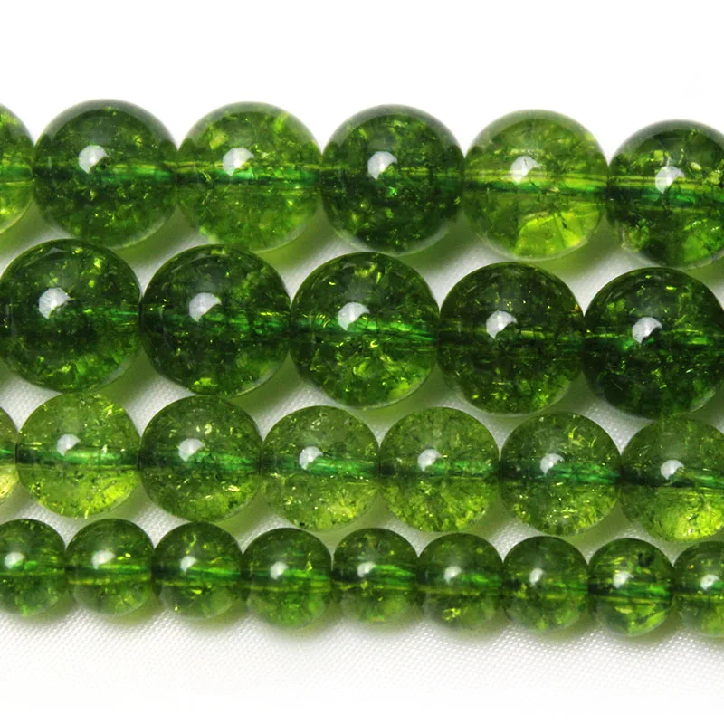 Natural Green Olive Cracked Crystal Stone Round Loose Spacer  Beads 6/8/10MM For Jewelry Making DIY Bracelet 15''Strand