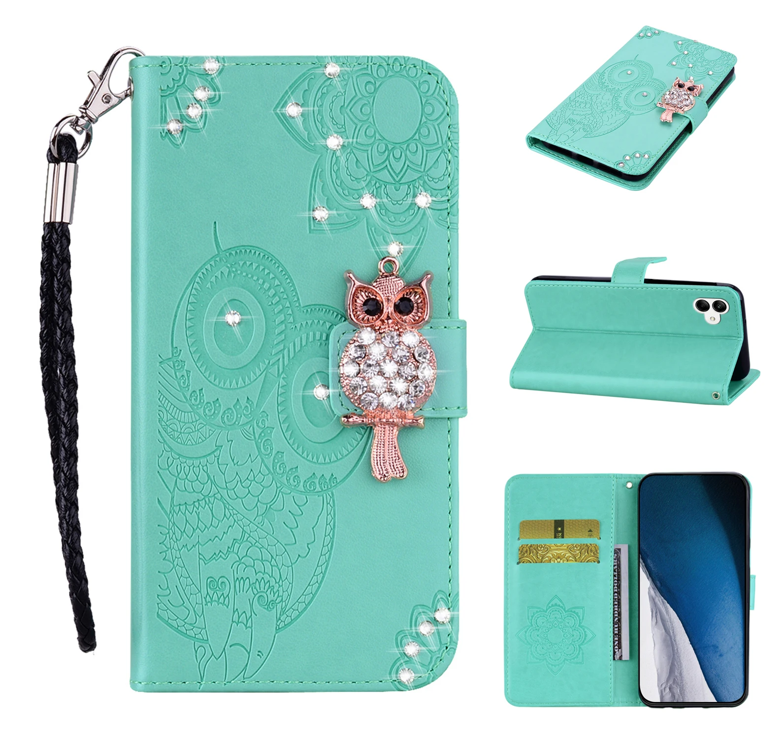 Emboss Owl Glitter Cards Solt Wallet Leather Case For Samsung Galaxy S26 Ultra S24 S25 Plus S23 FE A17 A06 A55 A35 Bling Cover