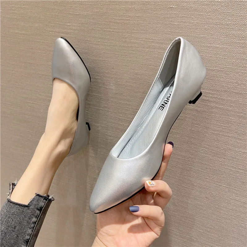 Spring Low Heel Shoes for Women Pu Leather Solid Color Silver Shoes Gold Low-heels 3.0cm Size 35-41 Pointed Toe Comfortable