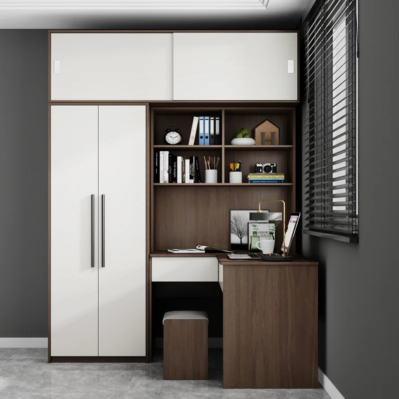 Corner wardrobe, desk integrated L-shaped one-piece with computer desk, small apartment home desk, corner study table