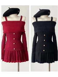 Winter Women Christmas Birthday Shoujo Girl Outfits 2 Piece Set Long Sleeve Off Shoulder Cuddly Sweater + Mini Pleated Skirt New