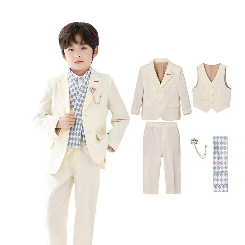 Children Luxurious 5Pieces Blazer Vest Pants Scarf Brooch Photograph Suit Boys Host Ceremony Dress Kids Birthday Evening Costume