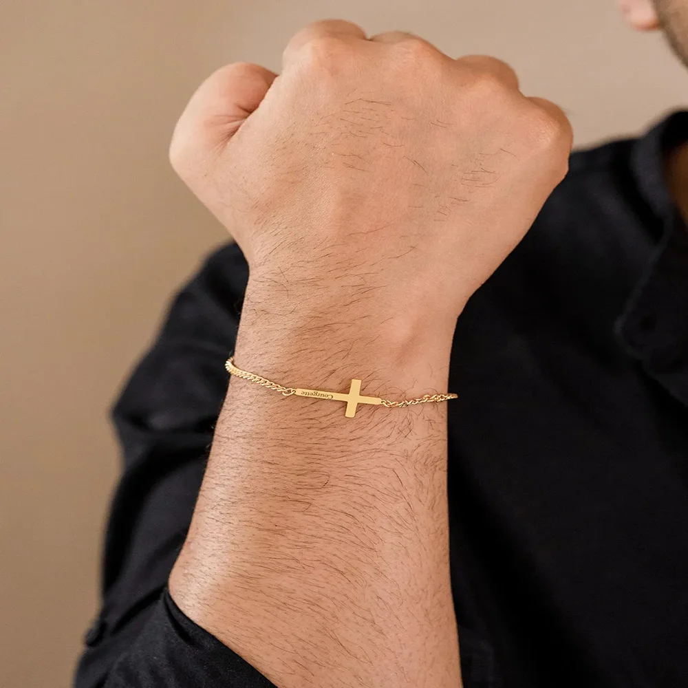Pulsera de Cruz Personalizada de Acero Inoxidable, Pulsera de Cadena con Nombre y Fecha Grabados, Joyería Religiosa Minimalista para Bautizo