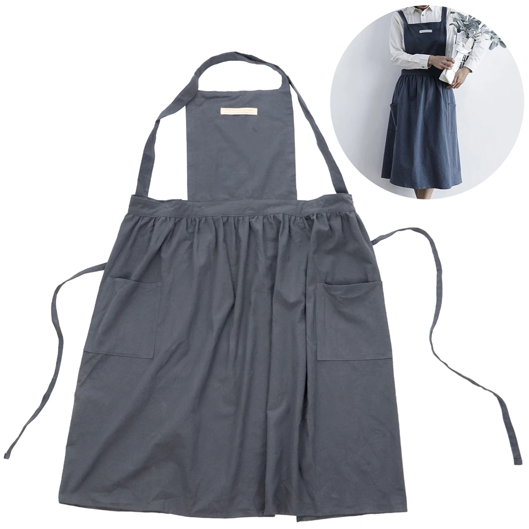 Cotton And Linen Apron Cross-Back Apron For Women Kitchen Cooking Apron Dress With Large Pockets Large Apron For Cooking Clean