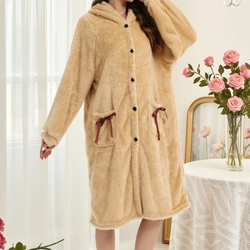 

Коралловый флис, осенне-зимний кардиган с капюшоном, карманный бант, халат, пижама, одежда для дома