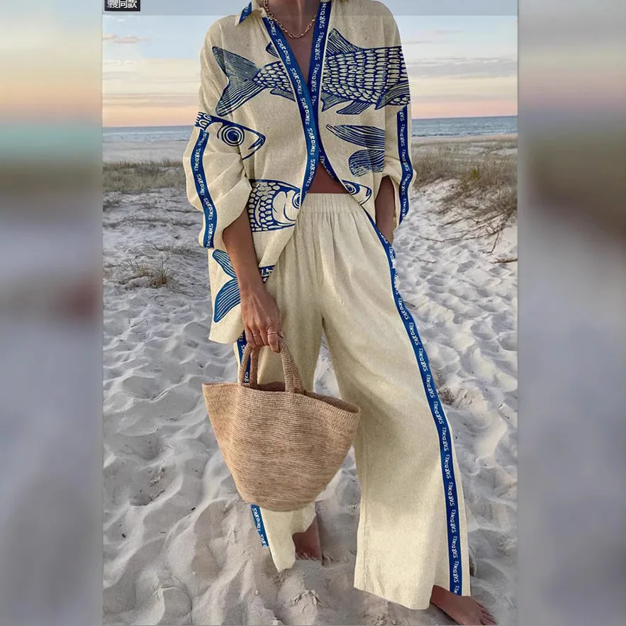 2025 Neues 2-teiliges Set im Sommerurlaubsstil mit Kreuzfahrtsdruck, Revershemd + Schnürhose mit weitem Bein für Damen, Kreuzfahrt-Outfit, Strandurlaub