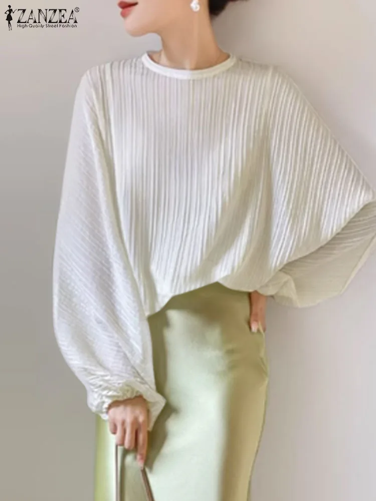 ZANZEA Autumn Solid Long Bat Sleeve Blouses Women Pleats Chic Shirts Elegant Fashion 2023 Top Office Vintage Round Neck Tunic