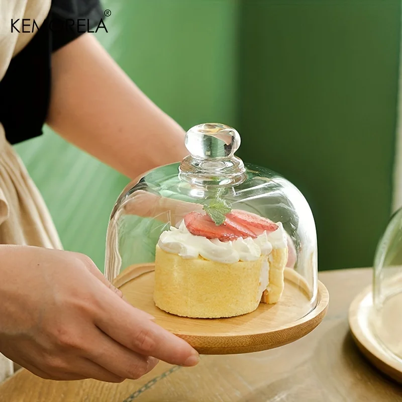 حامل كعكة من الخيزران من كيموريلا مع غطاء زجاجي شفاف، صينية تقديم مزخرفة مقاومة للغبار للحلويات والفواكه والوجبات الخفيفة لحفلات الزفاف #4