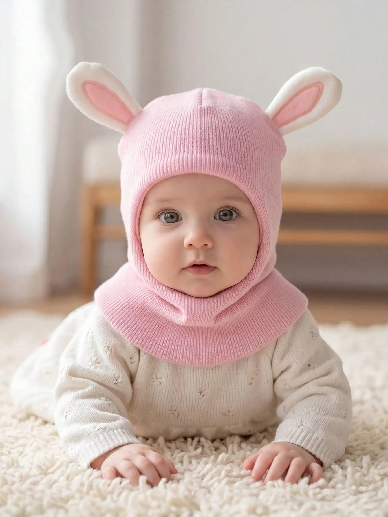 1 Stück 6M-4Y Kleine Mädchen 3D-Kaninchen-Balaclava-Strickmütze, Niedliche Kaninchenohren Weiche Leichte Kinderkopfbedeckung für den Alltag – Detail 4