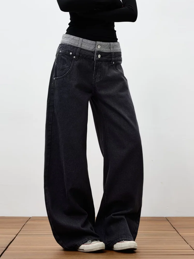 2025 Trend Y2K New Fashion Double Waistband Black Grey Baggy Women's Jeans Pants For Woman Clothes Straight Cotton Long Trousers