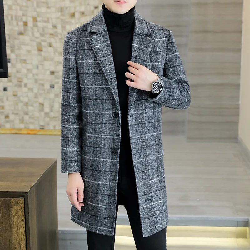 Stylish Men Plaid Wool Overcoat Camel Gray Woolen Overcoat Notched Collar Fall & Winter Confidence Menswear  Sizes 170-190 Wear