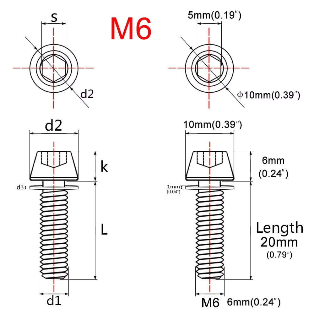 Universelle Fahrradlenker-Vorbauschraube, 6 Stück, M5/M6, 20 mm Schrauben mit passenden Unterlegscheiben, rostfreier Verschluss für Mountainbikes, Rennräder – Detail 6