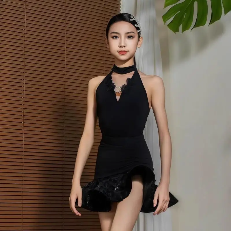 

customized Latin dance dress for girls backless top sequined fishbone skirt practice performance outfit ボールルームダンスドレス