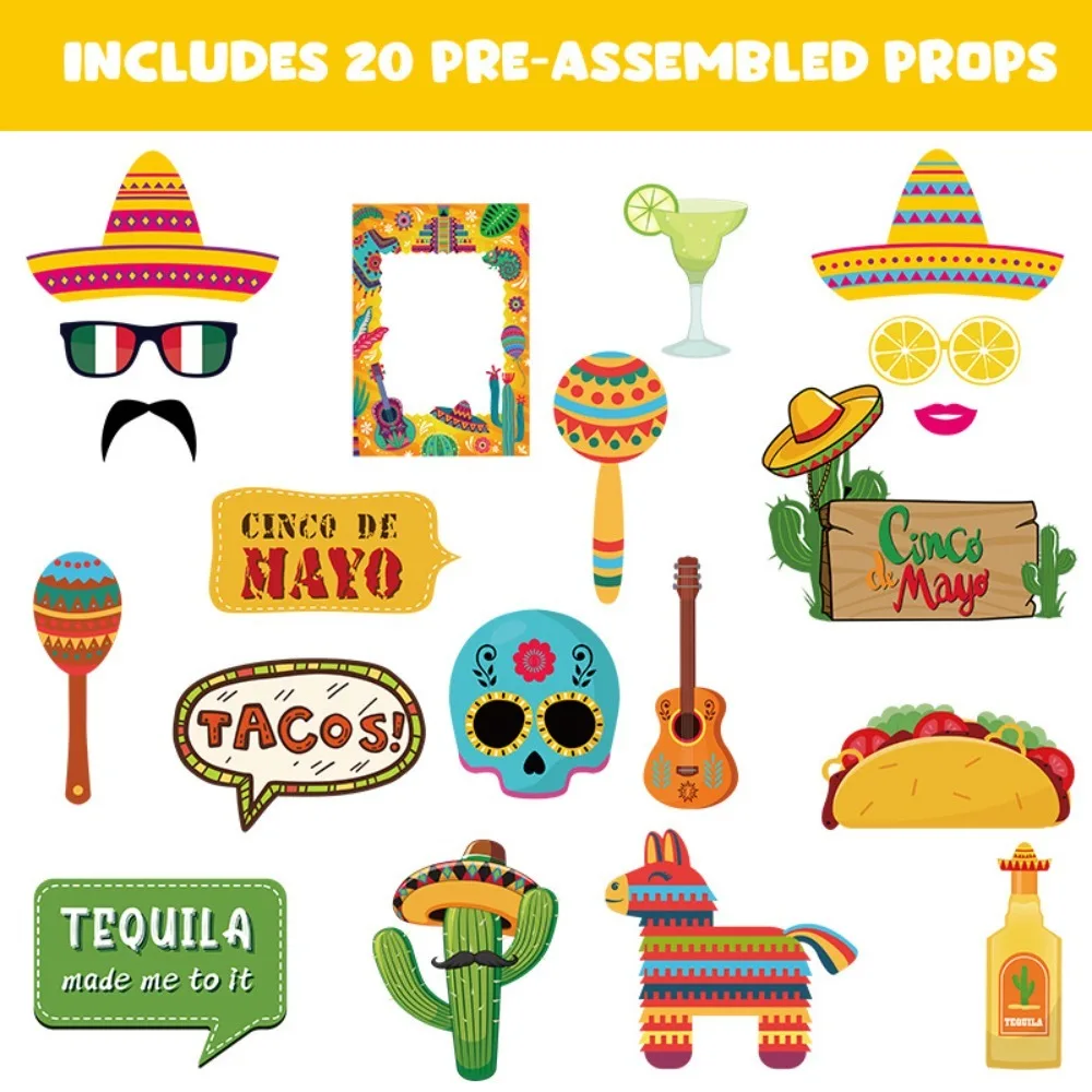 20Pcs Fiesta Mexican Party Cinco De Mayo Photo Booth Props for Mexican Cactus Taco Theme Party Decoration Birthday Party Supply